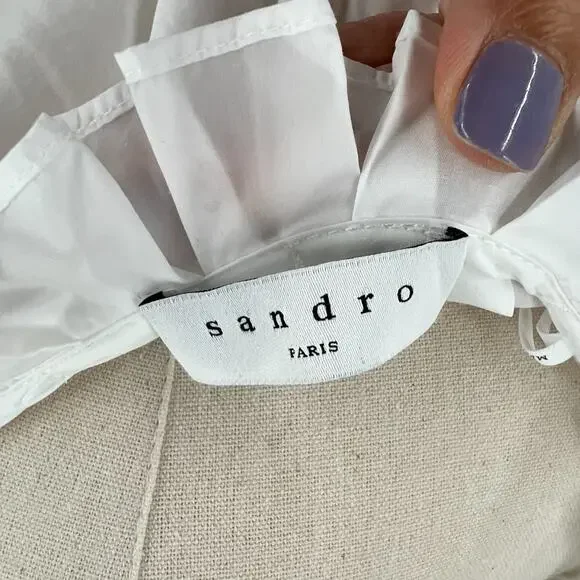 Sandro Womens Ruffled Cotton Poplin Shirt Blouse Top White - Picture 10 of 13